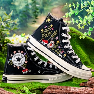 Custom Converse Embroidery Hedgehog, Sunshine & Colorful Summer Garden Embroidered Converse Shoes, Embroidered Converse Flower, Gift for Her
