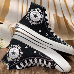 Handmade Converse Embroidery Floral, Custom Embroidered Converse High Top, Black Canvas Shoes Embroidery Tulip And Butterfly, Romantic Gift