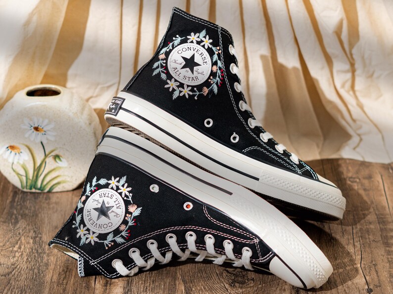 Handmade Converse Embroidery Floral, Custom Embroidered Converse High Top, Black Canvas Shoes Embroidery Tulip And Butterfly, Romantic Gift