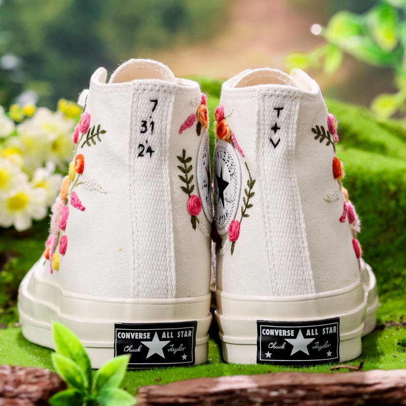 Embroidered Wedding Converse Shoes, Bridal Floral Embroidery Converse, Wedding Flowers Embroidered Sneakers, Personalized Bridal Sneaker