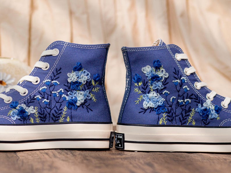 Blue Converse Chuck Taylor 1970s: Custom Floral Embroidered Bridal Sneakers