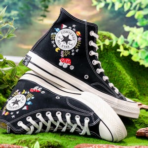 Embroidered Converse,  Custom  Sun, Mushrooms & Wildflowers Embroidery Converse, Sneaker Embroidered Floral, Whimsical Nature-Inspired Shoe