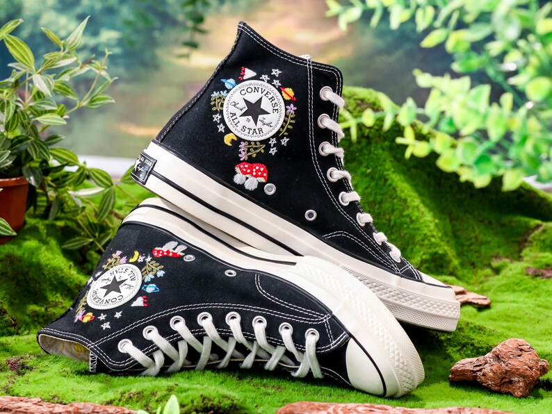 Embroidered Converse,  Custom  Sun, Mushrooms & Wildflowers Embroidery Converse, Sneaker Embroidered Floral, Whimsical Nature-Inspired Shoe