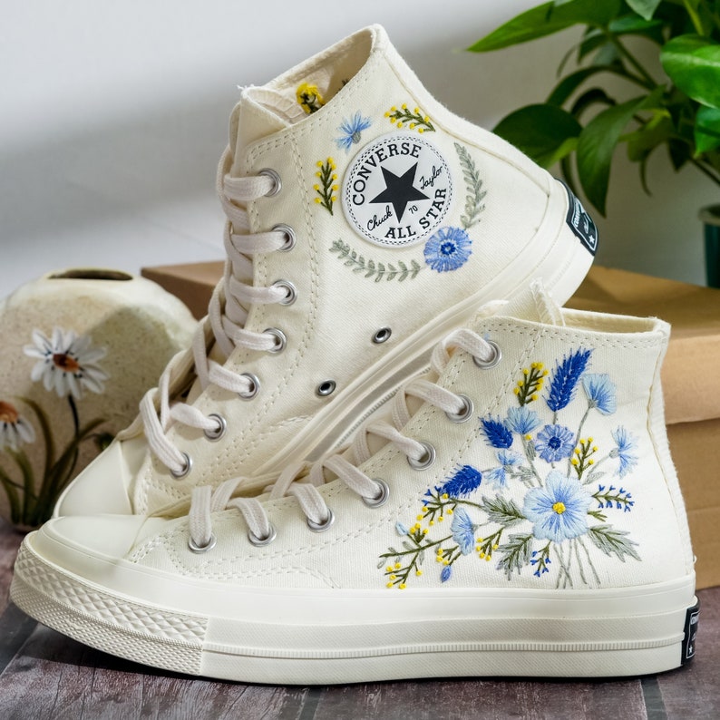 Custom Embroidered Converse, Carnation and Cornflower Embroidered Shoes, Blue Flax Embroidered Sneaker Custom, Flower Embroidery Converse