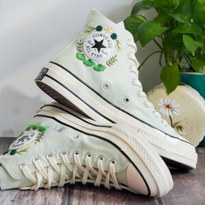 Custom Embroidered Converse Chuck Taylor, Green Flowers Embroidery Convese Shoes, Flower Wedding Embroidered Shoes, Gift for Her