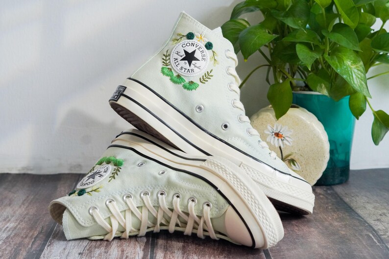 Custom Embroidered Converse Chuck Taylor, Green Flowers Embroidery Convese Shoes, Flower Wedding Embroidered Shoes, Gift for Her