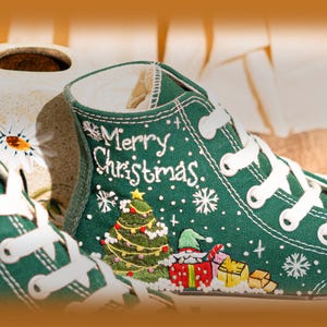 Green Christmas Converse Embroidered Santa, Snowflakes & Tree Embroidery　Shoes, Merry Christmas Personalized Converse, Holiday Gift for Her