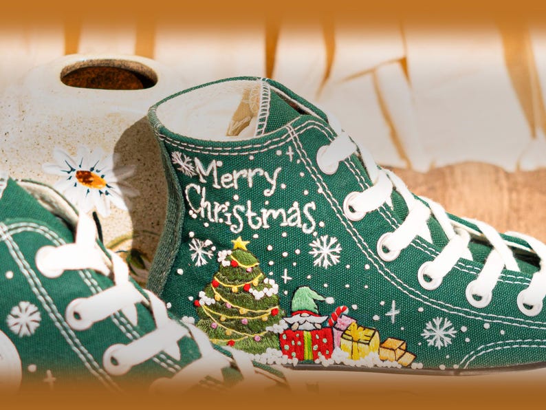 Green Christmas Converse Embroidered Santa, Snowflakes & Tree Embroidery　Shoes, Merry Christmas Personalized Converse, Holiday Gift for Her