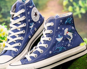 Custom Embroidered Converse, Hammerhead Sharks and Manta Ray Embroidered Shoes, Ocean Vibes Embroidered Sneakers Custom, Gifts for Divers