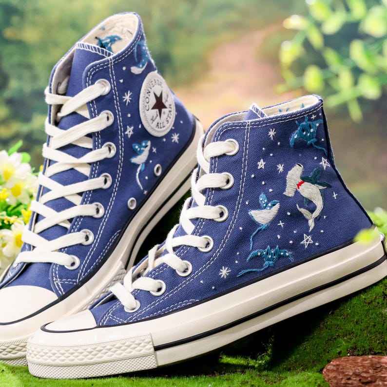 Custom Embroidered Converse, Hammerhead Sharks and Manta Ray Embroidered Shoes, Ocean Vibes Embroidered Sneakers Custom, Gifts for Divers
