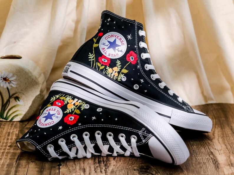 Custom Embroidered Converse, Evil Eye Flower Embroidered Converse Shoes Custom, Red Floral Embroidered Sneaker, Converse Embroidery Evil Eye