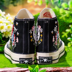 Custom Embroidered Converse High Tops, Custom Shoes Taylor 1970s Flower Embroidered, Wildflowers Embroidered Shoes, Wedding Reception Shoes