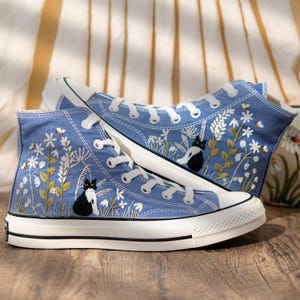 Blue Denim Cat And Floral Design Embroidery Converse, Custom Embroidered Sneakers High Top, Unique Converse Shoes, Custom Gift For Cat Lover