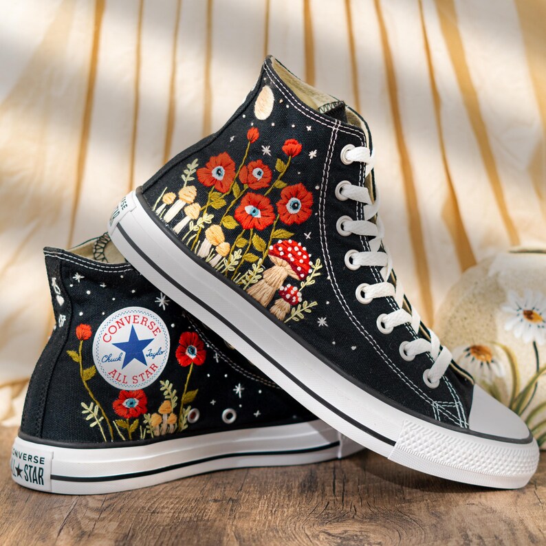 Unique Embroidered Converse High Tops, Mushroom Embroidery Converse, Red Floral Embroidered Sneakers With Eyes, Custom Shoes, Halloween Gift