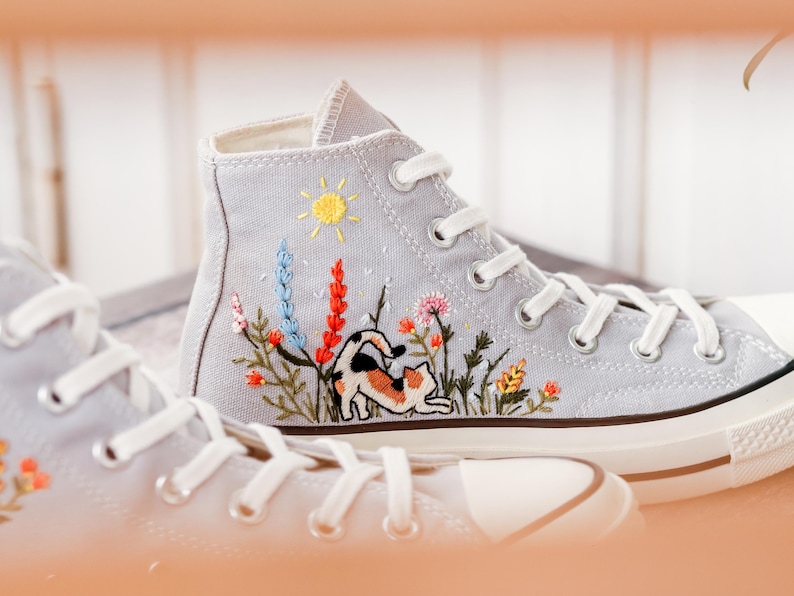 Wildflower Garden Embroidered Converse, Mushrooms, Cat Embroidered Shoes, Custom Floral Embroidery Shoes, Summer Cottagecor Embroidery Shoes