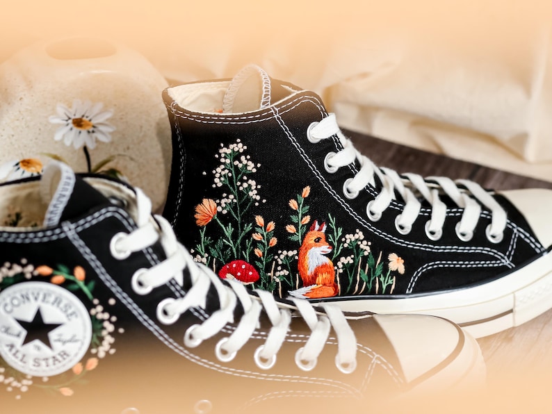 Custom Embroidered Converse High Tops 1970s, Fox Embroidered Converse Shoes, Fox and Flowers Embroidered Sneakers, Funny Halloween Gifts