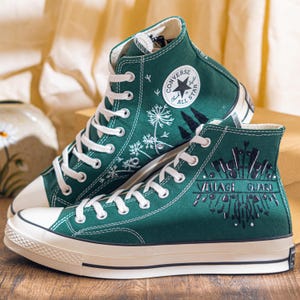 Unique Embroidered Converse High Tops, Green Sneakers Embroidered With Village Guard Motif And Dandelion Art, Unique Custom Shoes, Gift Idea