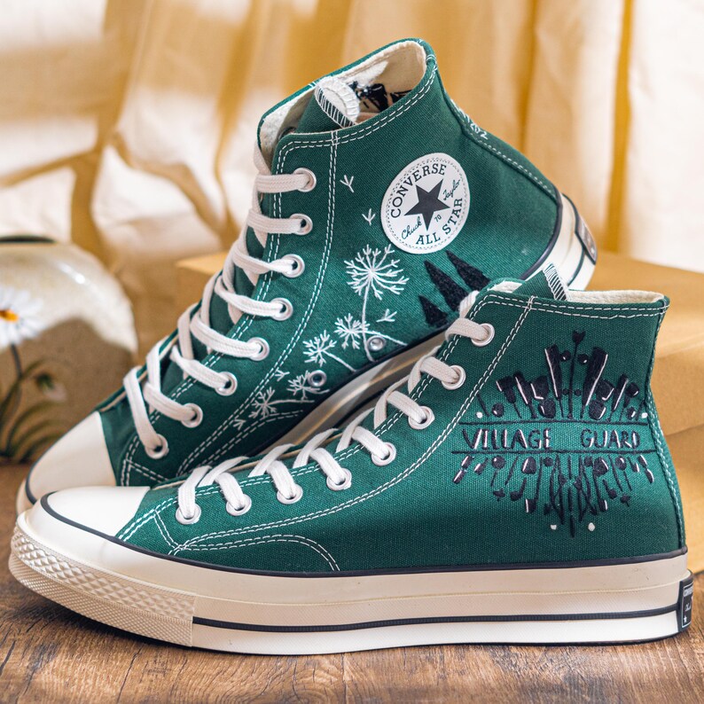 Unique Embroidered Converse High Tops, Green Sneakers Embroidered With Village Guard Motif And Dandelion Art, Unique Custom Shoes, Gift Idea