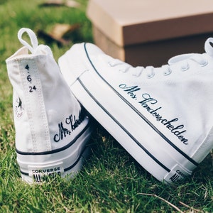 Custom Converse Platform for Bride, Custom Embroidery Wedding Converse Platform, Name and Wedding Date Embroidered Shoes, Wedding Gift