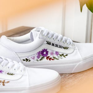 Vans Embroidery, Anniversary Date and Flower Embroidered Vans Wedding, Bridal Flower Embroidery Shoes, Personalized Shoes for Bride & Groom