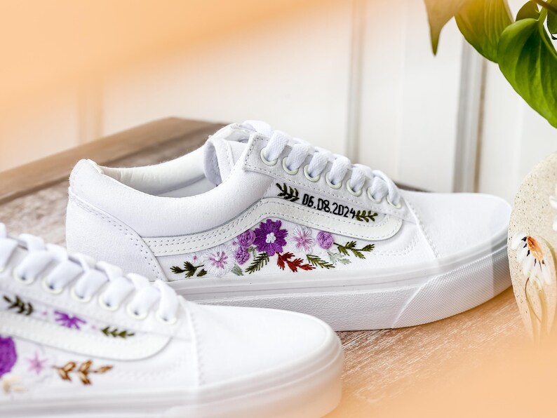 Vans Embroidery, Anniversary Date and Flower Embroidered Vans Wedding, Bridal Flower Embroidery Shoes, Personalized Shoes for Bride & Groom