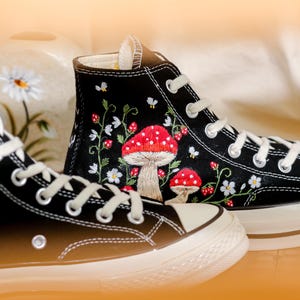 Embroidered Mushroom Converse High Tops 1970s, Mushroom Embroidered Shoes for Women, Garden Mushrooms, Strawberry, Bees Embroidered Sneakers