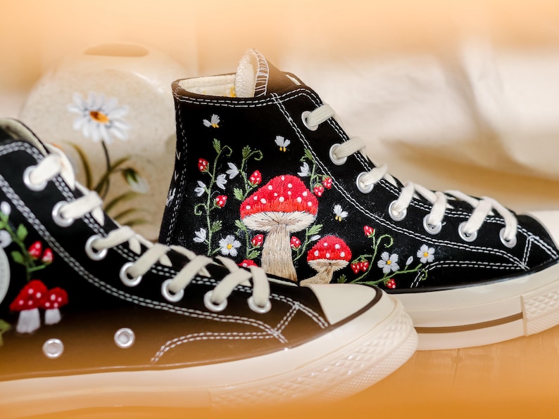 Embroidered Mushroom Converse High Tops 1970s, Mushroom Embroidered Shoes for Women, Garden Mushrooms, Strawberry, Bees Embroidered Sneakers