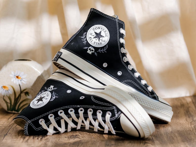Embroidered Converse, Ghost Embroidered Converse Shoes Custom , Black Converse Embroidery Skull and Bat, Ghost Embroidered Sneakers for Men