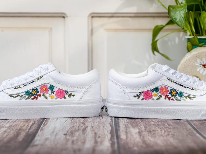 Custom Embroidered Wedding Vans, Couple’s Names Embroidered Vans Shoes, Flower Embroidered Sneaker Custom, Personalized Bridal Sneaker