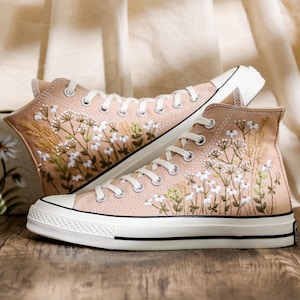 Embroidered Converse Custom, Wildflowers Embroidered Shoes, Chrysanthemum Embroidered Sneakers, Brown Converse Embroidery Flower for Her