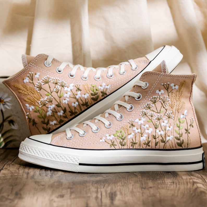 Embroidered Converse Custom, Wildflowers Embroidered Shoes, Chrysanthemum Embroidered Sneakers, Brown Converse Embroidery Flower for Her