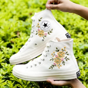 Personalized Wedding Sneakers for Bride and Groom, Wedding Flowers Embroidered Platform Shoes, Bridal Flowers Embroidered Converse Custom