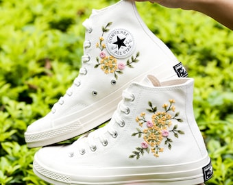 Personalized Wedding Sneakers for Bride and Groom, Wedding Flowers Embroidered Platform Shoes, Bridal Flowers Embroidered Converse Custom
