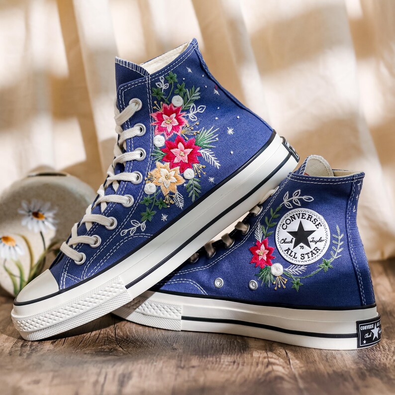 Embroidered Converse, Converse Embroidery Poinsettia Flowers, Christmas Embroidered Shoes, Snowflakes Embroidery Sneakers, Christmas Gifts