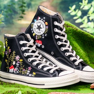 Embroidered Converse,  Custom  Sun, Mushrooms & Wildflowers Embroidery Converse, Sneaker Embroidered Floral, Whimsical Nature-Inspired Shoe
