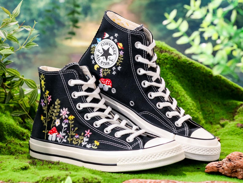 Embroidered Converse,  Custom  Sun, Mushrooms & Wildflowers Embroidery Converse, Sneaker Embroidered Floral, Whimsical Nature-Inspired Shoe