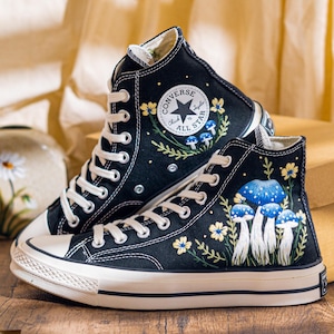 Mystical Embroidered Converse High Tops, Black Sneakers Embroidery With Blue Mushroom Embroidery & Floral, Unique Custom Shoes, Custom Gifts