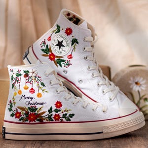 Christmas Embroidered Converse Shoes, Poinsettia Floral Design & Merry Christmas Embroidery Sneakers, Unique Holiday Gift Idea