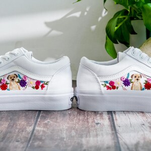 Custom Embroidered Vans Old Shool, Pet Embroidered Wedding Vans, Flowers and Dog Embroidered Shoes Custom, Personalized Bridal Sneakers