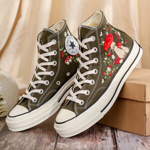 Customized Converse Embroidered Shoes, Mushrooms Embroidered Sneakers Women, Gardens Mushrooms, Strawberry Embroidered Converse Chuck Taylor