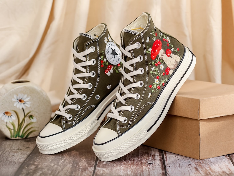 Customized Converse Embroidered Shoes, Mushrooms Embroidered Sneakers Women, Gardens Mushrooms, Strawberry Embroidered Converse Chuck Taylor