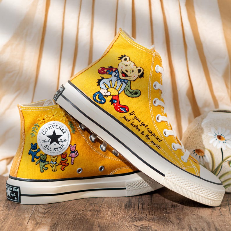 Custom Character Embroidered Converse High Tops, Funny Teddy Bear Embroidery Shoes Yellow, Personalized Embroidered Sneaker, Cute Gift Idea