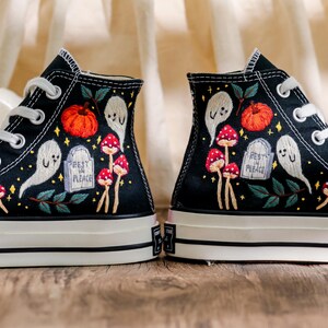 Custom Embroidery Converse, Ghost and Pumpkin Embroidered Sneaker, Ghost Embroidery Halloween Vibes Embroidered Shoes Custom, Halloween Gift