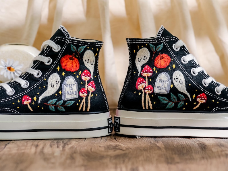 Custom Embroidery Converse, Ghost and Pumpkin Embroidered Sneaker, Ghost Embroidery Halloween Vibes Embroidered Shoes Custom, Halloween Gift