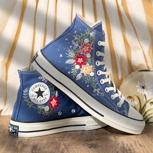 Custom Floral Embroidery Converse For Holiday, Poinsettia Embroidered Converse High Top, Custom Embroidered Sneakers Navy Blue, Women Gift