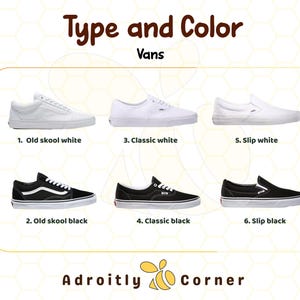Pu&ograve; includere: Immagine che mostra sei paia di scarpe da ginnastica Vans, classificate per tipo e colore. Le opzioni includono gli stili Old Skool e Classic in bianco e nero e gli stili Slip-on in bianco e nero. Il testo sull'immagine recita "Type and Color" e "Vans".