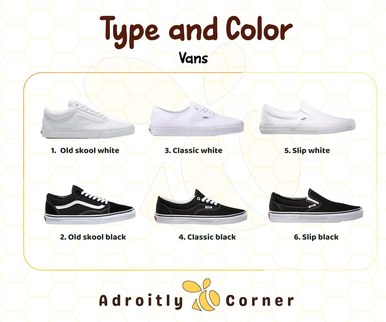 Pu&ograve; includere: Immagine che mostra sei paia di scarpe da ginnastica Vans, classificate per tipo e colore. Le opzioni includono gli stili Old Skool e Classic in bianco e nero e gli stili Slip-on in bianco e nero. Il testo sull'immagine recita "Type and Color" e "Vans".