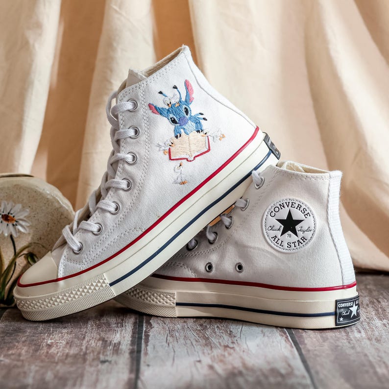 Custom Blue Alien Embroidered Converse High Tops, Converse Embroidery Book, Blue Alien Embroidered Shoes Custom,  Birthday Gifts for Her