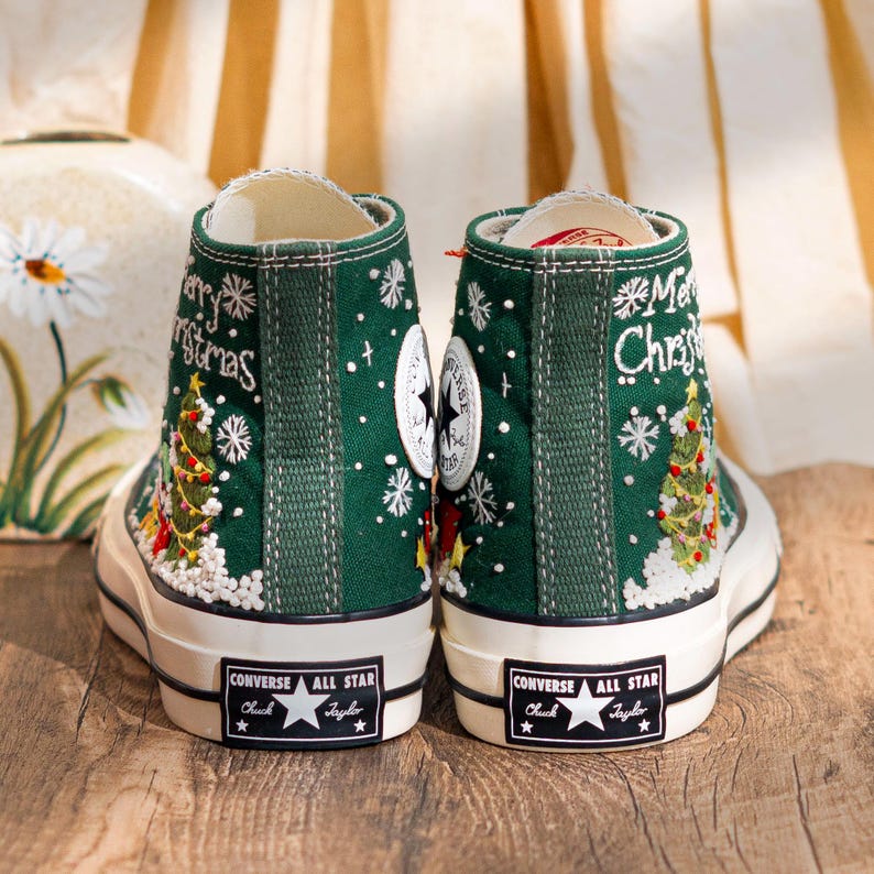 Green Christmas Converse Embroidered Santa, Snowflakes & Tree Embroidery　Shoes, Merry Christmas Personalized Converse, Holiday Gift for Her