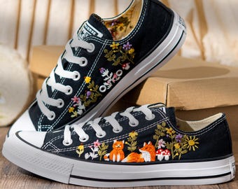 Hand Embroidered Converse Low Top Sneakers, Custom Black Shoes Embroidery Fox And Wildflower, Handmade Nature Art Converse, Unique Gift Idea